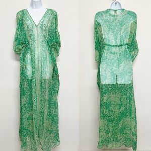 Ella Moss Womens Silk Sheer Vibrant Green Paisley Patterned Boho Kaftkan Size XS